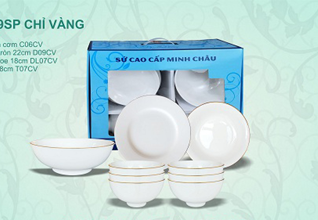 Bộ tô chén dĩa minh châu viền chỉ vàng