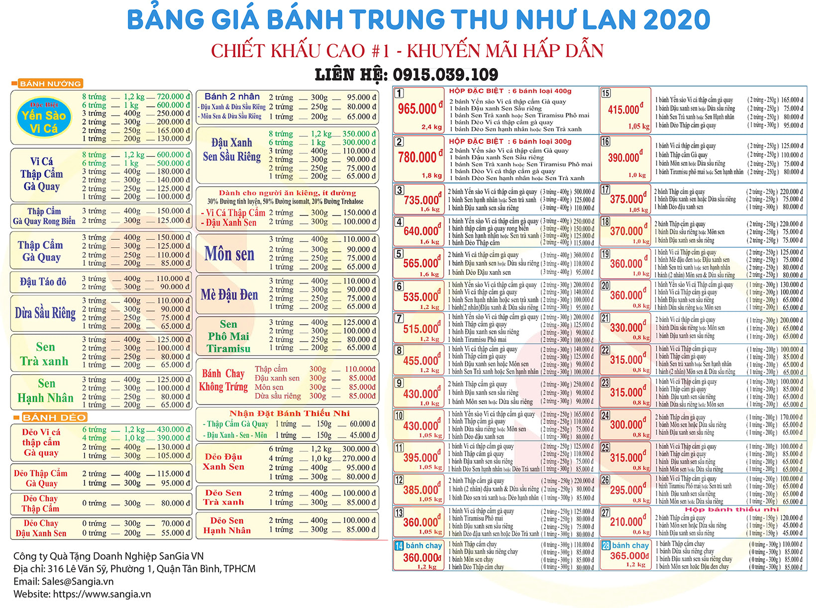 Bảng giá bánh trung thu Như Lan 2020