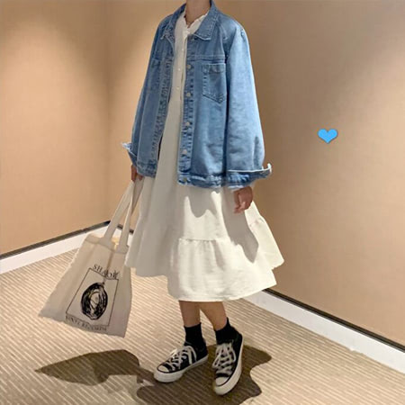 Công thức diện áo khoác denim  váy liềnchân váy