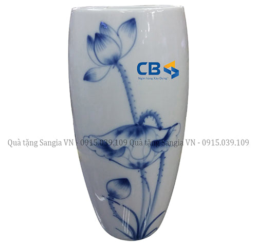 MẪU LỌ HOA GỐM BÁT TRÀNG DÁNG BẦU VẼ SEN XANH IN LOGO CB BANK