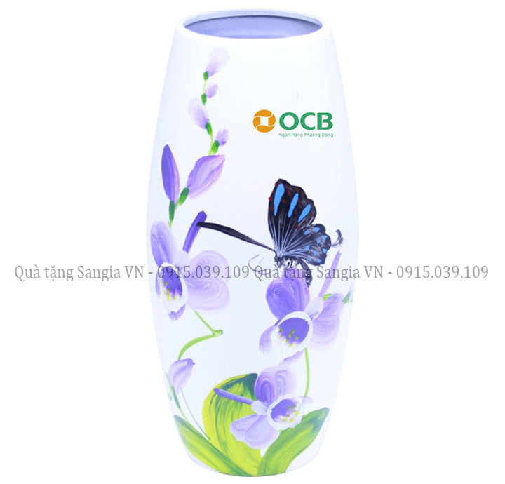 MẪU BÌNH HOA GỐM BÁT TRÀNG DÁNG BẦU DỤC VẼ HOA LAN IN LOGO OCB