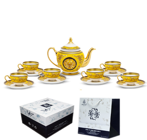 BỘ ẤM CHÉN THIÊN HƯƠNG DÁT VÀNG 24K QUÀ TẶNG CAO CẤP