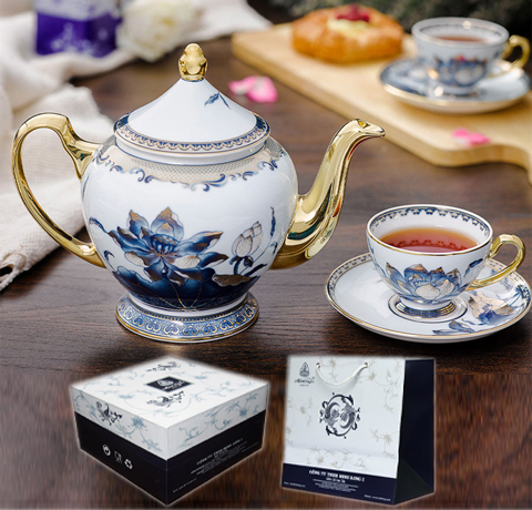 BỘ ẤM CHÉN SEN NGỌC 1.3L DÁT VÀNG LÀM QUÀ MỪNG THỌ VIP