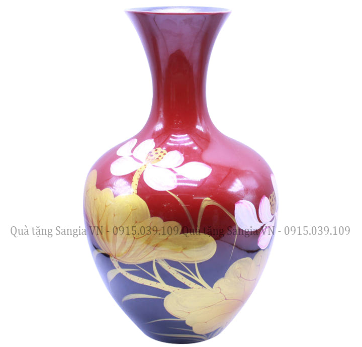 MẪU BÌNH HOA GỐM SỨ TRANG TRÍ DÁNG TỎI CAO VẼ HOA SEN ĐỎ