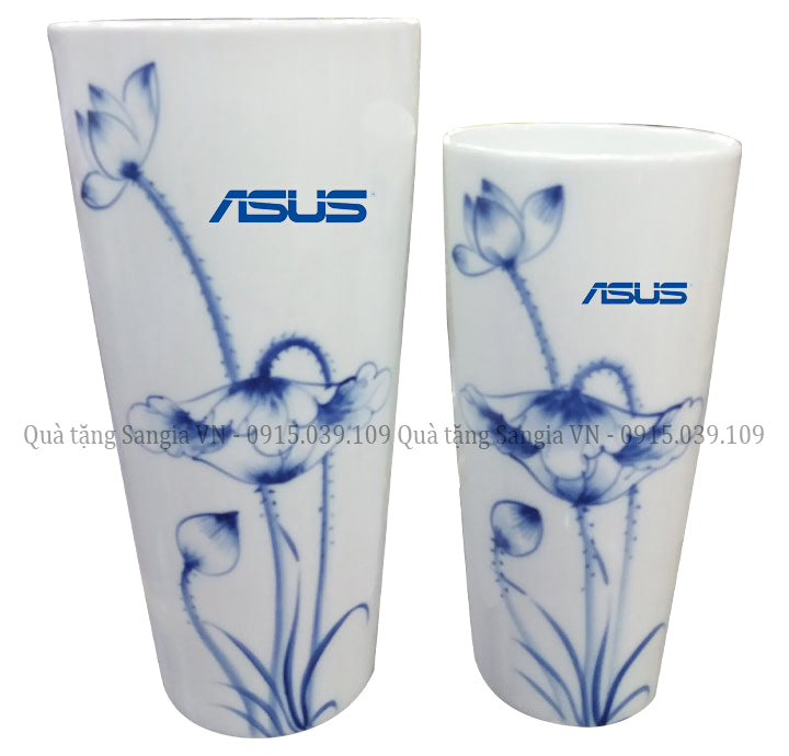 MẪU LỌ HOA BÁT TRÀNG  MIỆNG LOE VẼ SEN XANH IN LOGO ASUS