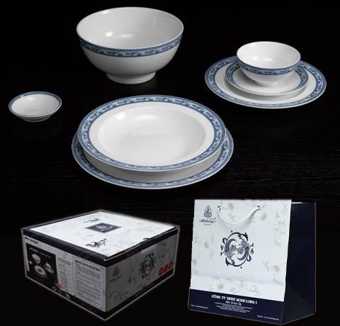 BỘ QUÀ TẶNG TÔ CHÉN DĨA 22 MÓN MINH LONG HOA VĂN CHIM LẠC