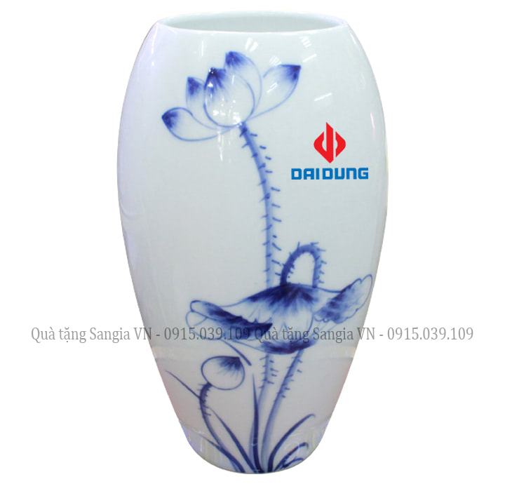 MẪU BÌNH HOA GỐM SỨ TRANG TRÍ DÁNG GIỌT NƯỚC VẼ HOA SEN IN LOGO ĐẠI DŨNG