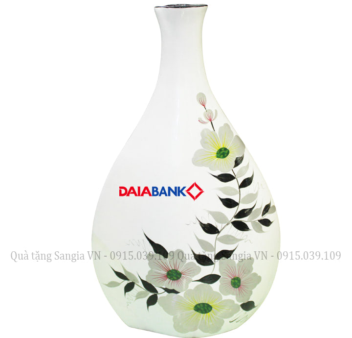 MẪU BÌNH HOA BÁT TRÀNG DÁNG BẦU CỔ CAO VẼ HOA IN LOGO DAIABANK