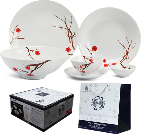 BỘ 36 TÔ CHÉN DĨA MINH LONG HOA ĐÀO LÀM QUÀ TẶNG TẾT 2020