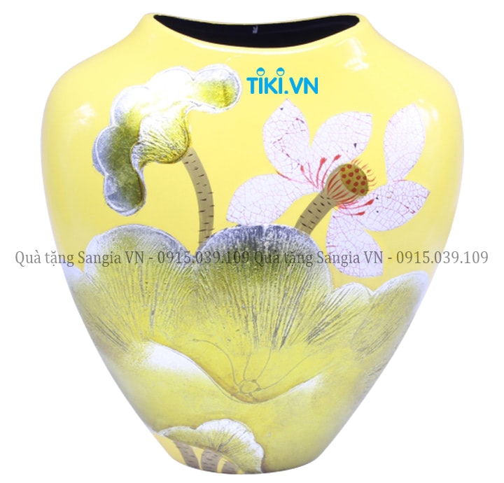 MẪU BÌNH HOA BẦU CAO VẼ SEN TRẮNG IN LOGO TIKI