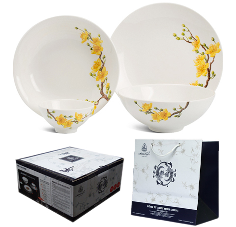 BỘ 9sp TÔ CHÉN DĨA HOA VĂN HOA MAI TẾT LÀM QUÀ TẶNG ĐẦU NĂM