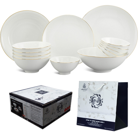 BỘ QUÀ TẶNG GỐM SỨ 14 MÓN DÁT VÀNG LÀM QUÀ TÂN GIA