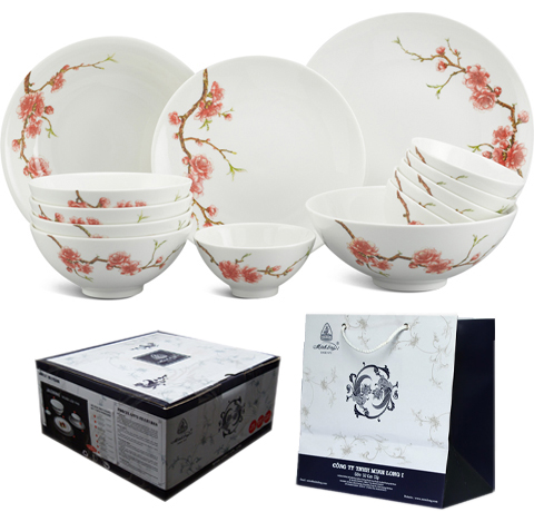 BỘ QUÀ TẶNG GỐM SỨ 14 MÓN HOA VĂN CÀNH ĐÀO TẶNG TẾT 2020