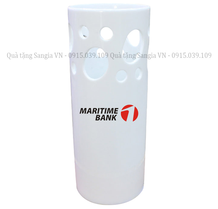 MẪU BÌNH HOA BÁT TRÀNG DÁNG TRỤ KHOÉT HỌA TIẾT IN LOGO MARITIME BANK