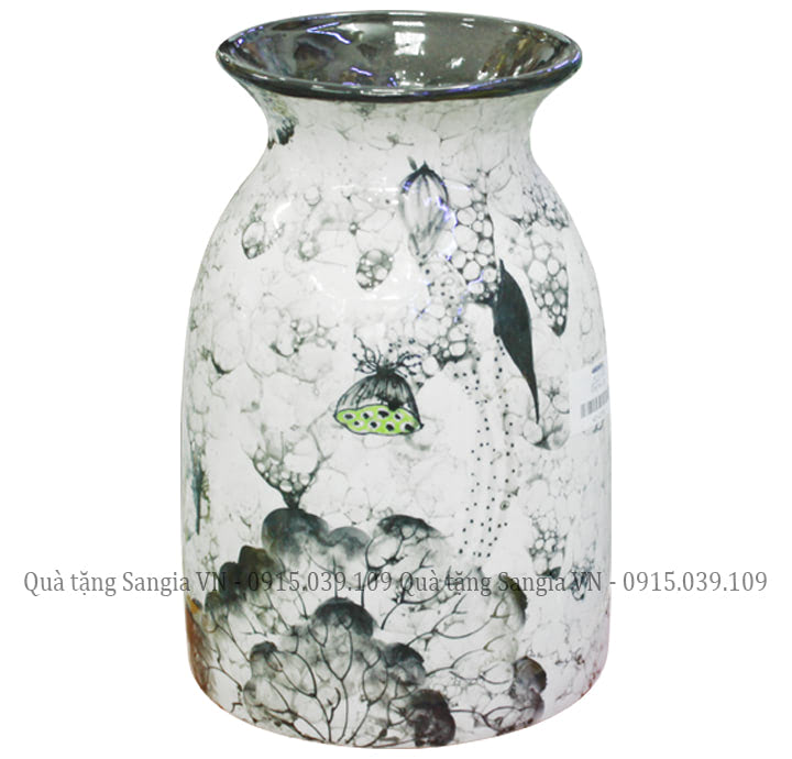 MẪU BÌNH HOA BÁT TRÀNG CỔ BẦU THẤP VẼ HOA SEN ĐEN