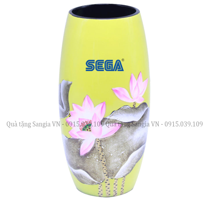 MẪU LỌ HOA GỐM SỨ ĐẸP DÁNG BẦU DỤC VẼ HOA SEN VÀNG IN LOGO SEGA
