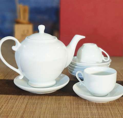 BỘ ẤM TRÀ BÁT TRÀNG TRÒN QUAI SÓNG 0,8L IN LOGO