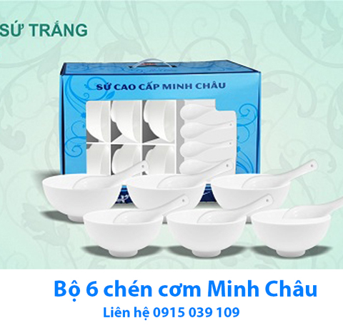 BỘ QUÀ TẶNG GỐM SỨ MINH CHÂU 6 CHÉN + MUỖNG IN LOGO GIÁ RẺ