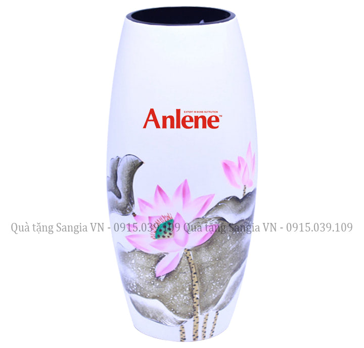 MẪU LỌ HOA GỐM DÁNG BẦU DỤC VẼ HOA SEN TRẮNG IN LOGO ANLENE