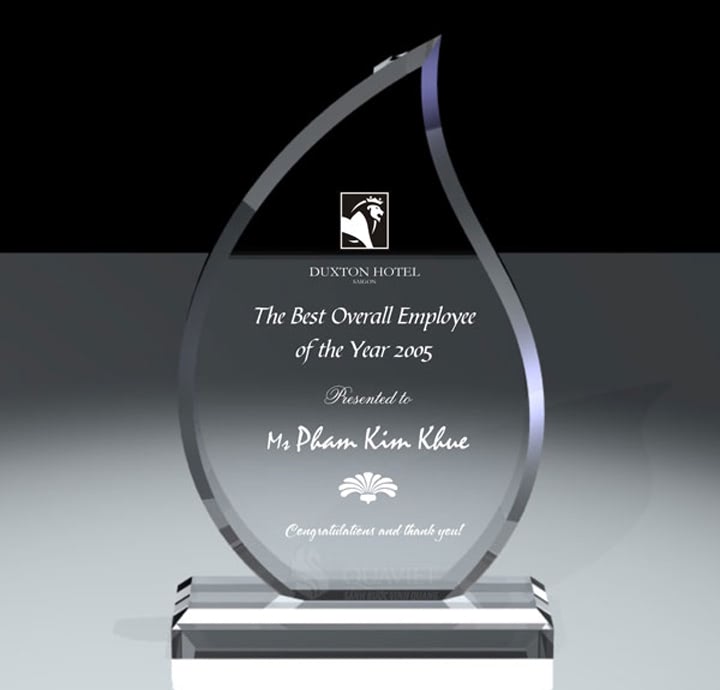 MẪU KỶ NIỆM CHƯƠNG THỦY TINH HÌNH CHIẾC LÁ IN LOGO DUXTON