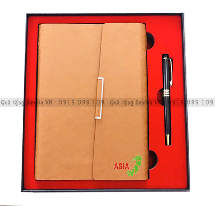 MẪU BỘ QUÀ TẶNG SỔ TAY DA PU NẸP INOX + BÚT IN LOGO ASIA