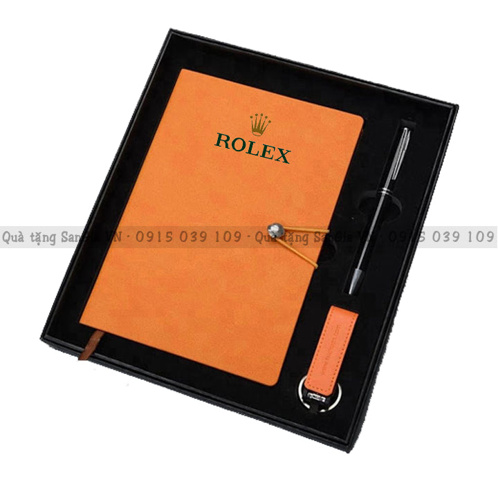 MẪU BỘ QUÀ TẶNG SỔ TAY CÀI THUN + BÚT + MÓC KHÓA IN LOGO ROLEX