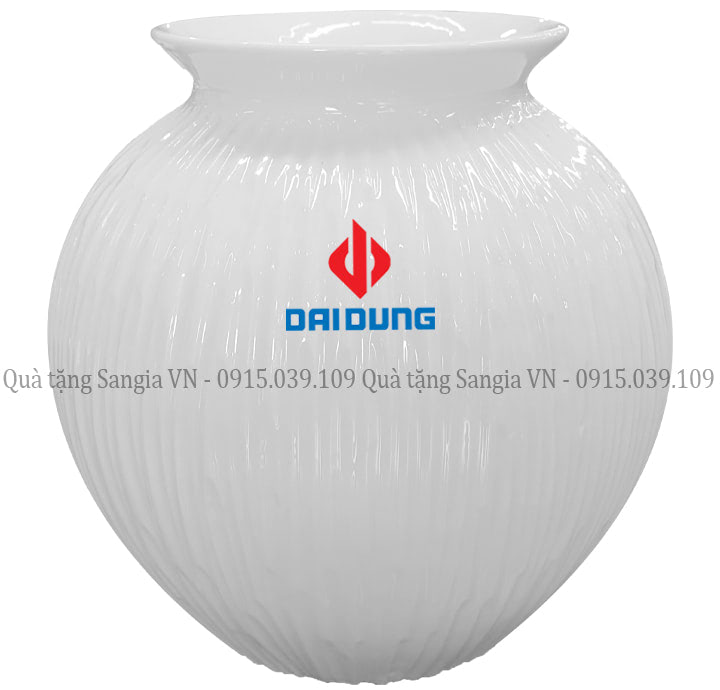 MẪU BÌNH HOA GỐM SỨ TRANG TRÍ TRÒN BẦU CÓ VÂN DỌC IN LOGO ĐẠI DŨNG
