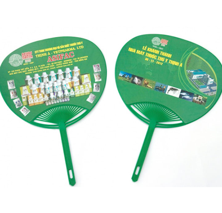 MẪU QUẠT NHỰA QUẢNG CÁO DÁN DECAN LOGO THUỐC THÚ Y