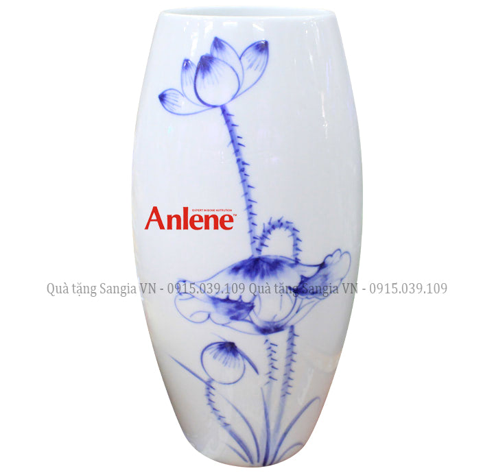 MẪU BÌNH HOA GỐM SỨ CAO CẤP DÁNG BẦU VẼ SEN XANH IN LOGO ANLENE
